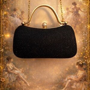 Elegant Black Hard Shell Sparkling Clutch with Rhinestones and Gold Accents